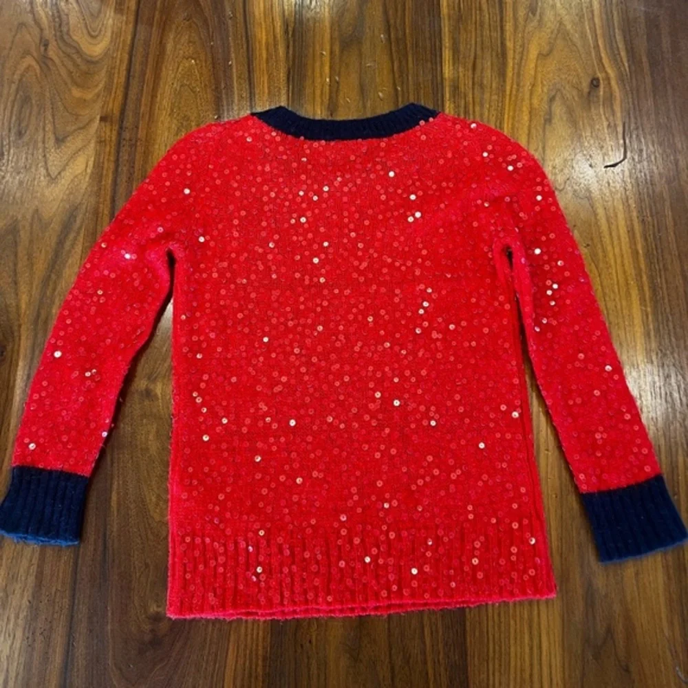 J. Crew Red Poppy Sequin and Navy Trimmed Sweater